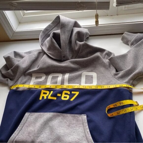 MEN'S POLO RL-67 DOUBLE KNIT PULLOVER COLOR BLOCK HOODIE DARK VINTAGE HEATHER - Picture 3 of 4